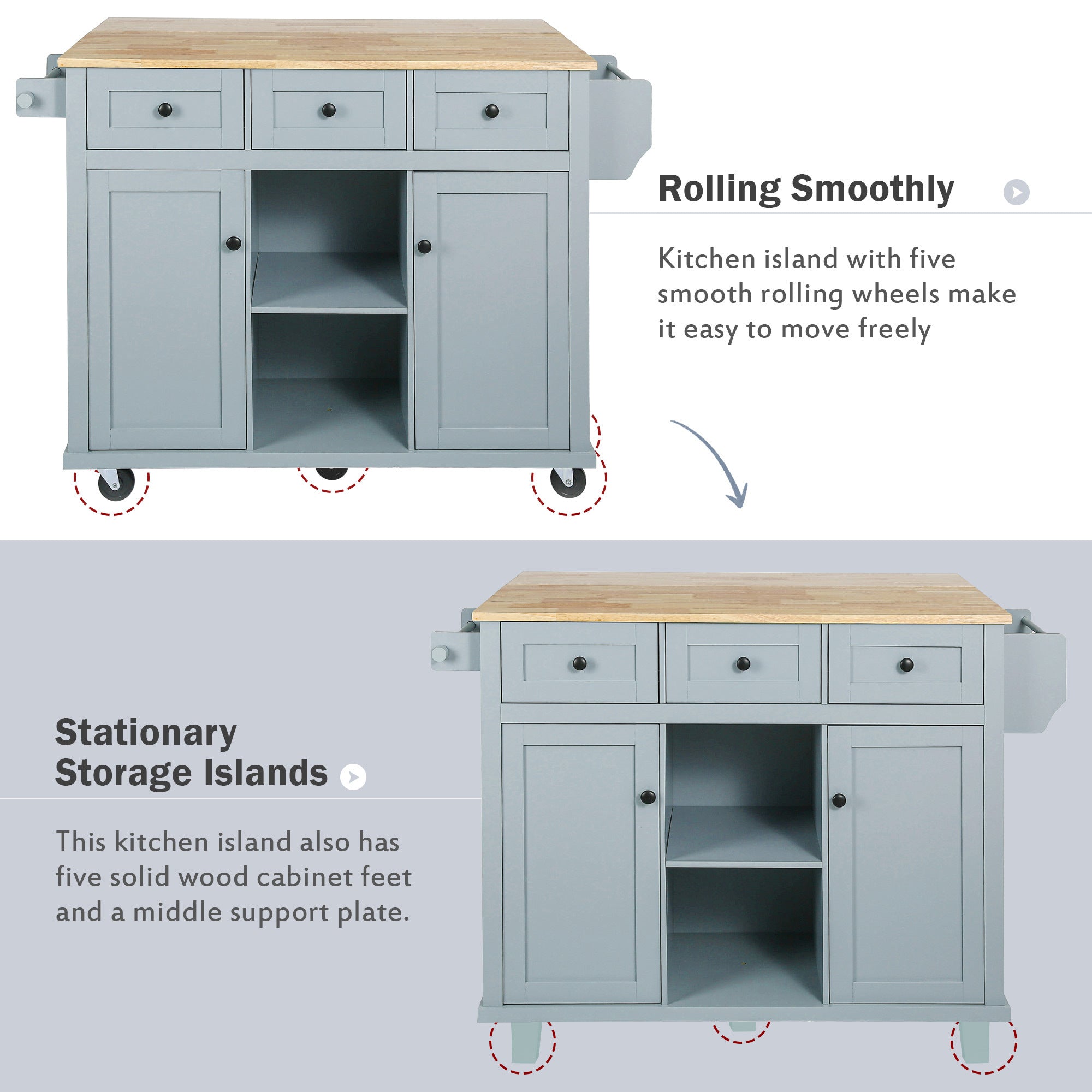 Kitchen Cart with Rubber wood Drop-Leaf Countertop ,Cabinet door internal storage racks,Kitchen Island on 5 Wheels with Storage Cabinet and 3 Drawers for Dinning Room, Grey Blue - Grand Goldman Shop