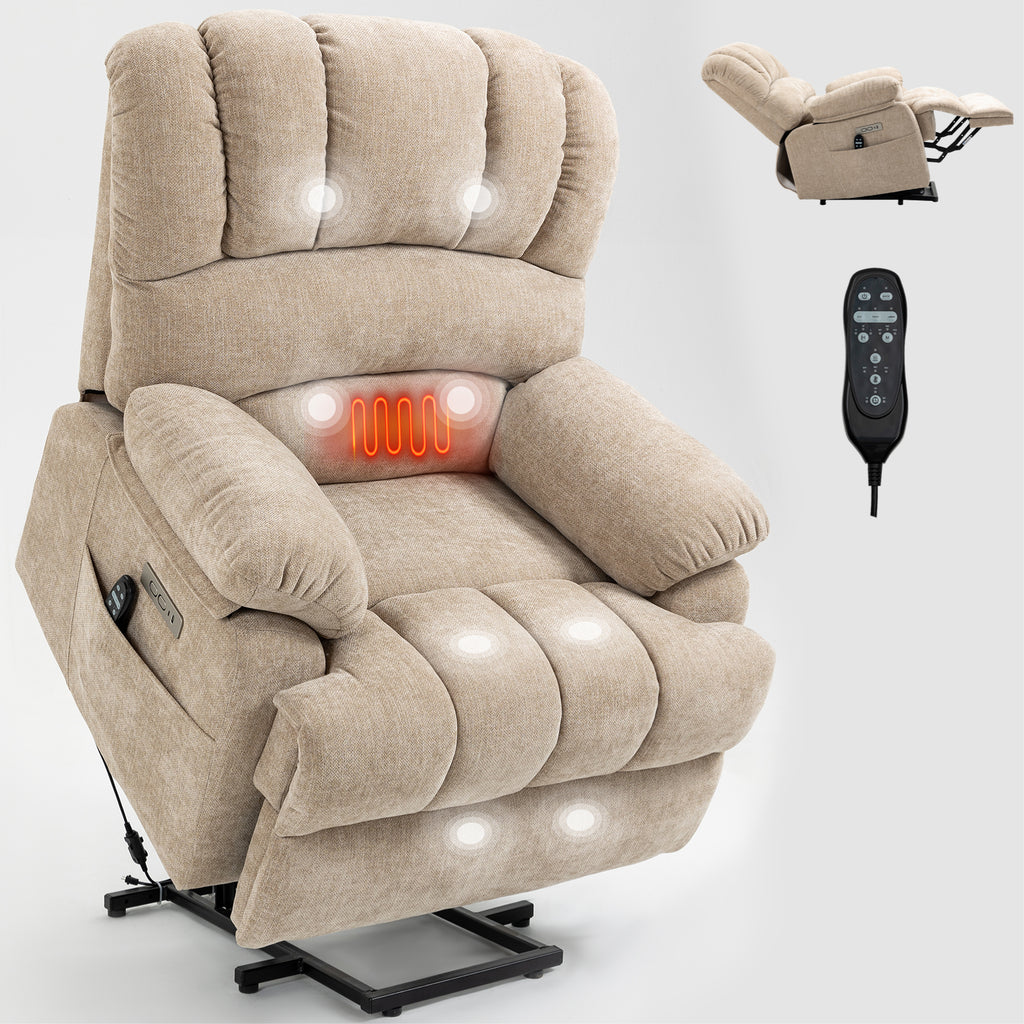 23' Seat Width and High Back Large Size Beige Chenille Power Lift Recliner Chair with 8-Point Vibration Massage and Lumbar Heating - Grand Goldman Shop
