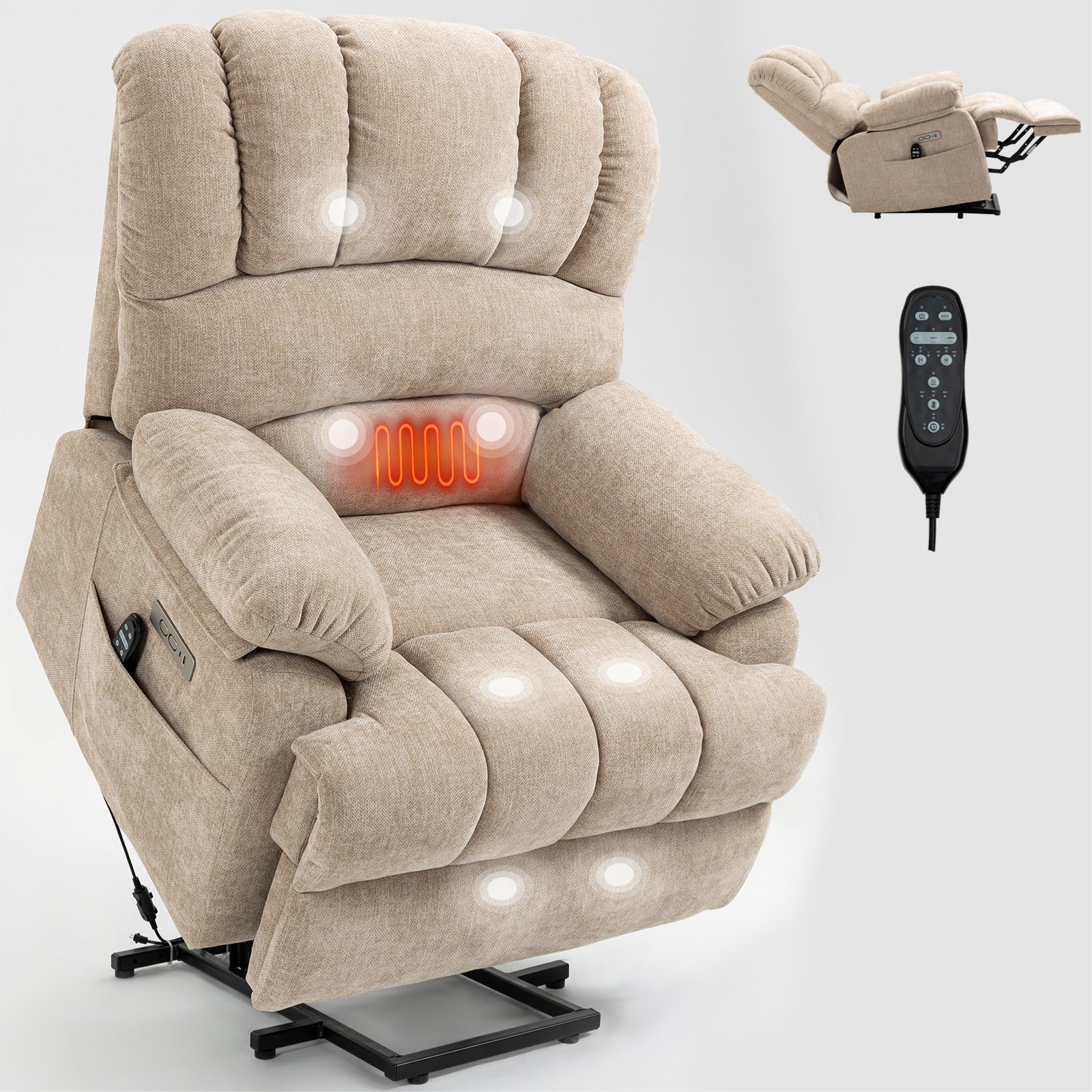 23' Seat Width and High Back Large Size Beige Chenille Power Lift Recliner Chair with 8-Point Vibration Massage and Lumbar Heating - Grand Goldman Shop