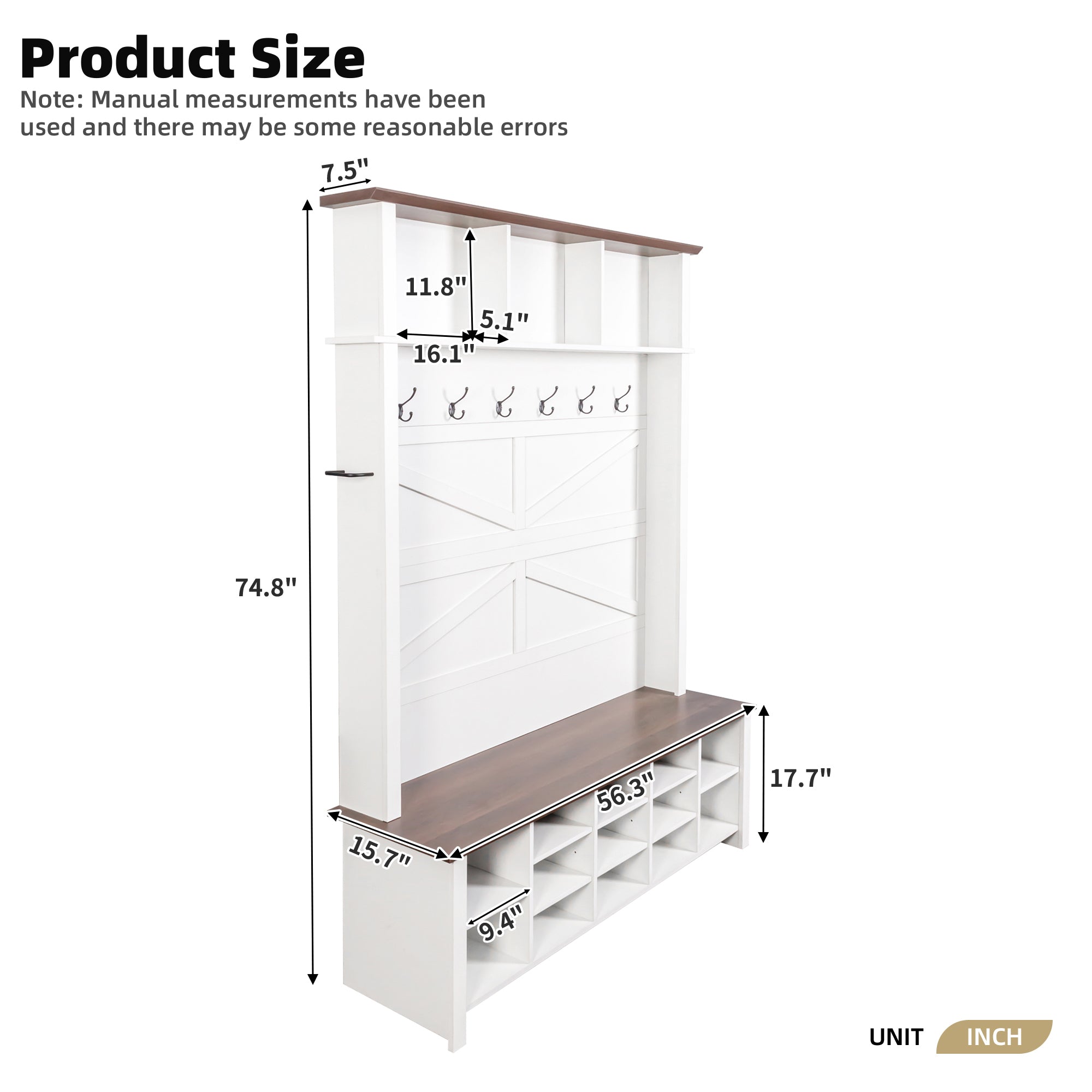 Farmhouse 4-in-1 Hall Tree with 6 Hooks, Walnut Entryway Bench with Shelves,  Wooden Style Rustic Shoe Organizer with 16 Open Compartments for Mudroom, Living Room, White (OLD SKU: N721P264915K) - Grand Goldman Shop