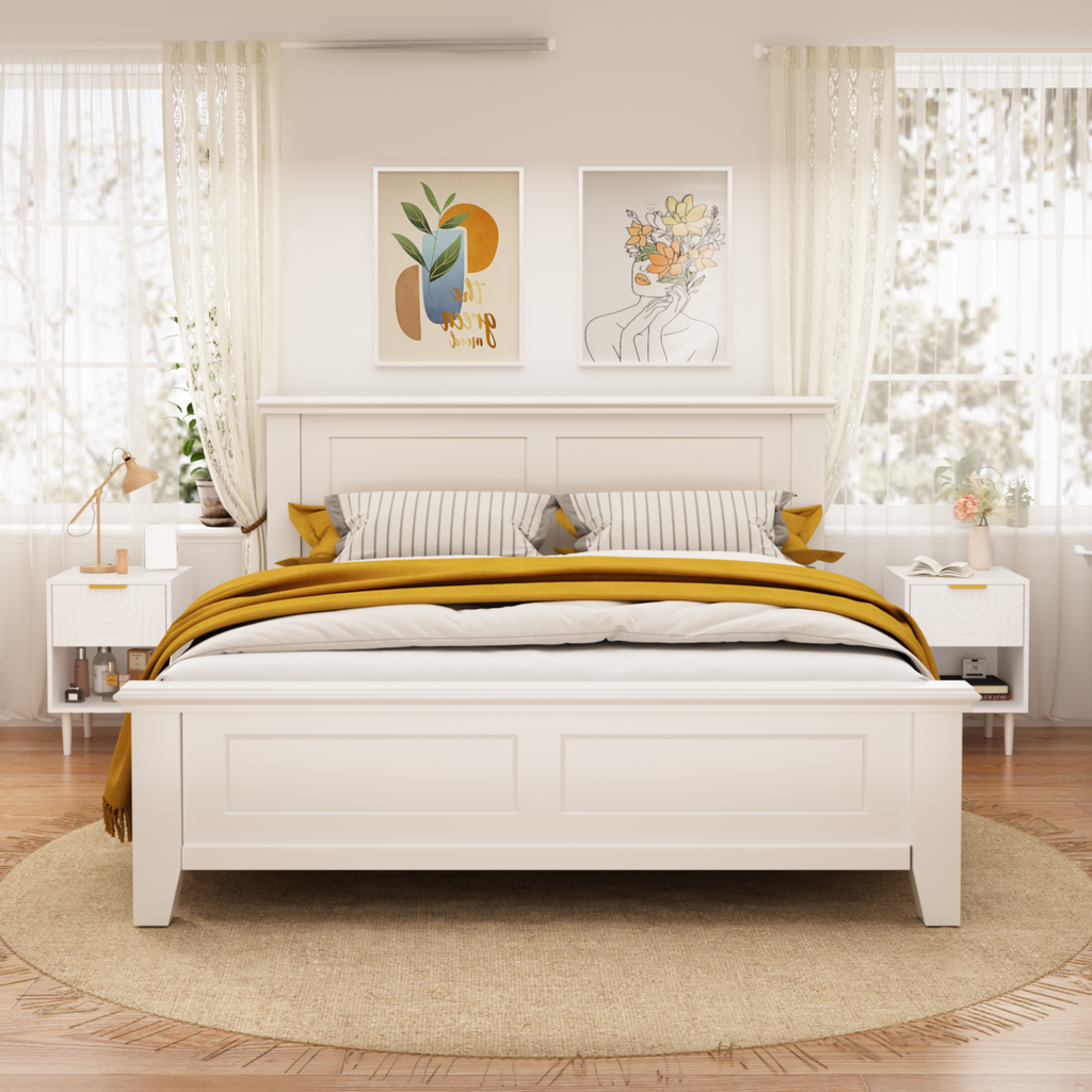 Modern White Nightstand with One Drawer and Open Shelf, Gold-Accented Handle, 22.83'' H, MDF, White - Grand Goldman Shop