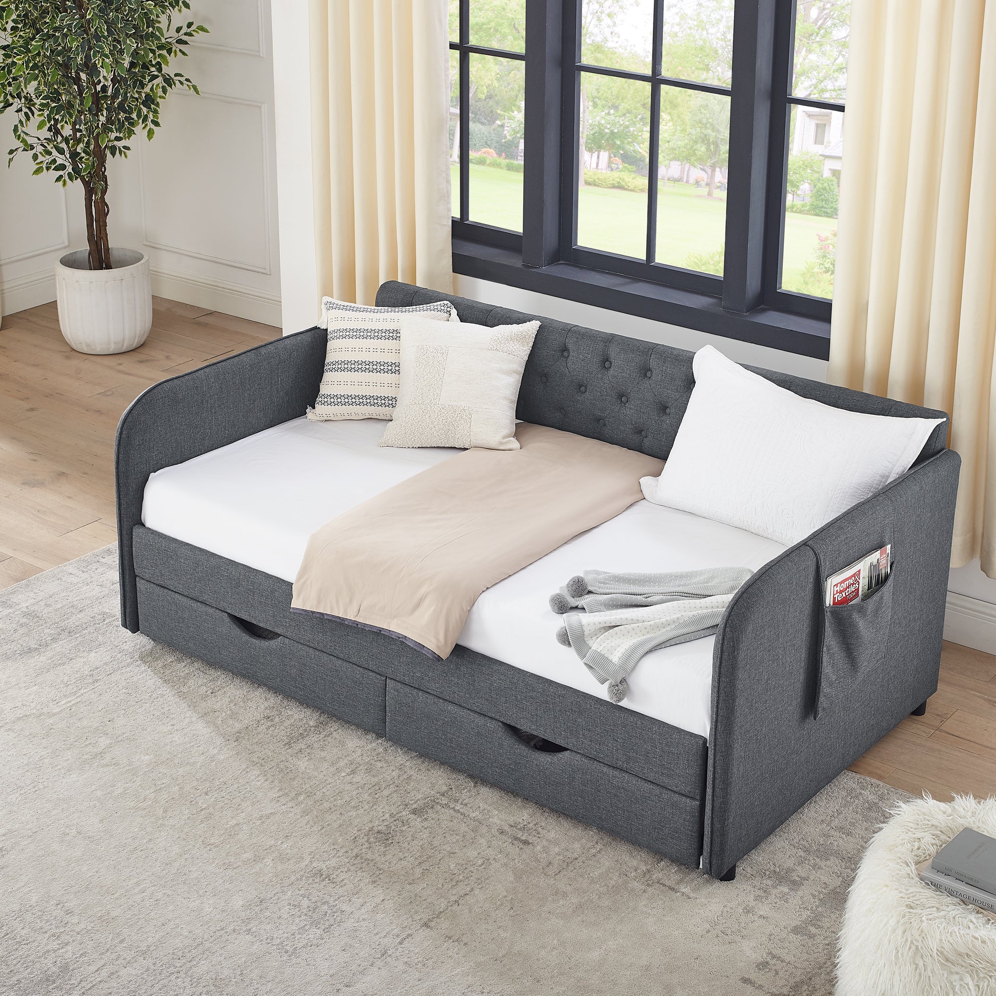 Twin Size Upholstered Daybed with Trundle and Drawers, Dark Gray Linen, Flat Arms, Extendable for Bedroom or Living Room - Grand Goldman Shop