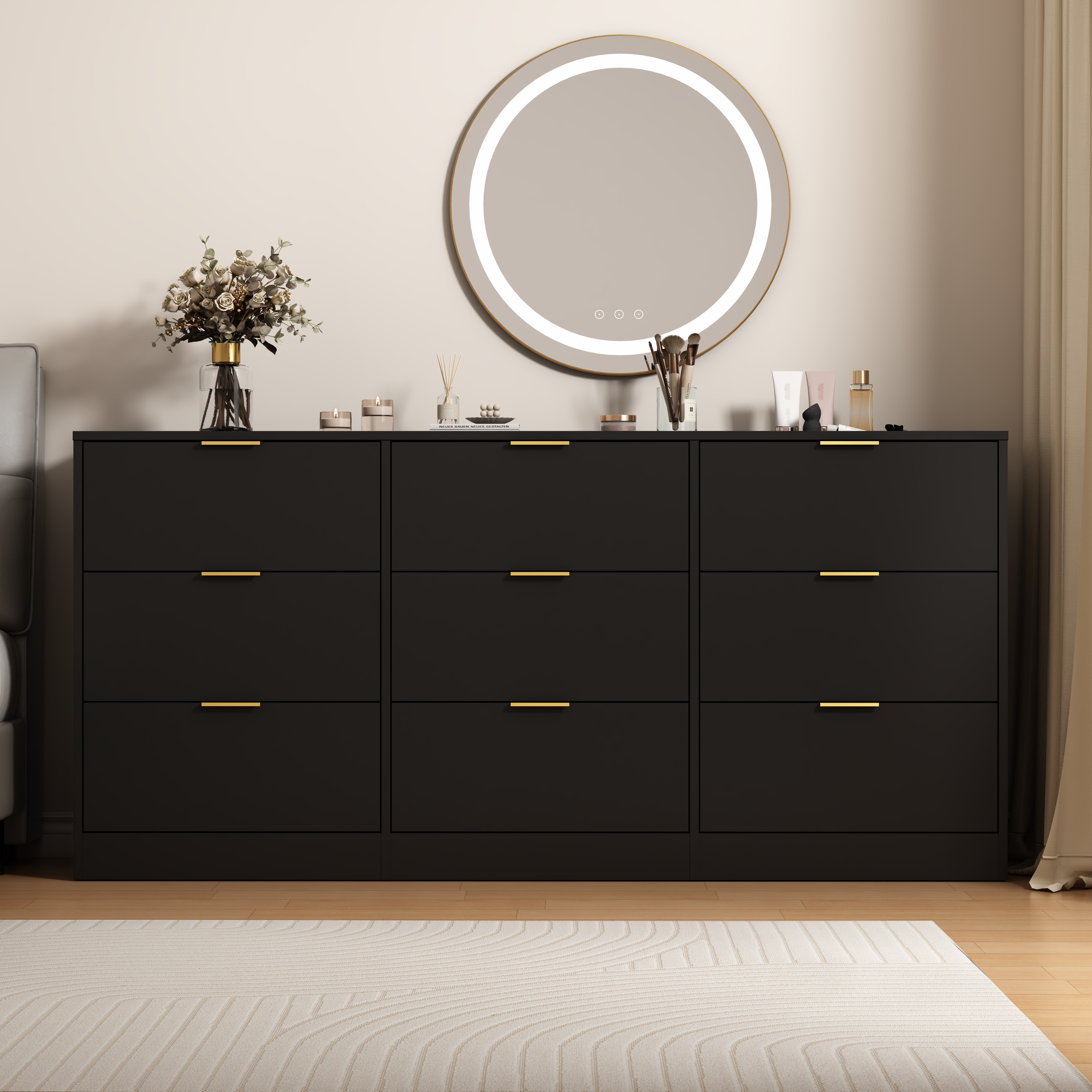 Black 9 Drawer Dresser, 63' Large Deep Chest of Drawers, Wooden Dresser Storage Cabinet with 9 Drawers for Bedroom, Long Dressers for Living Room, Hallway - Grand Goldman Shop