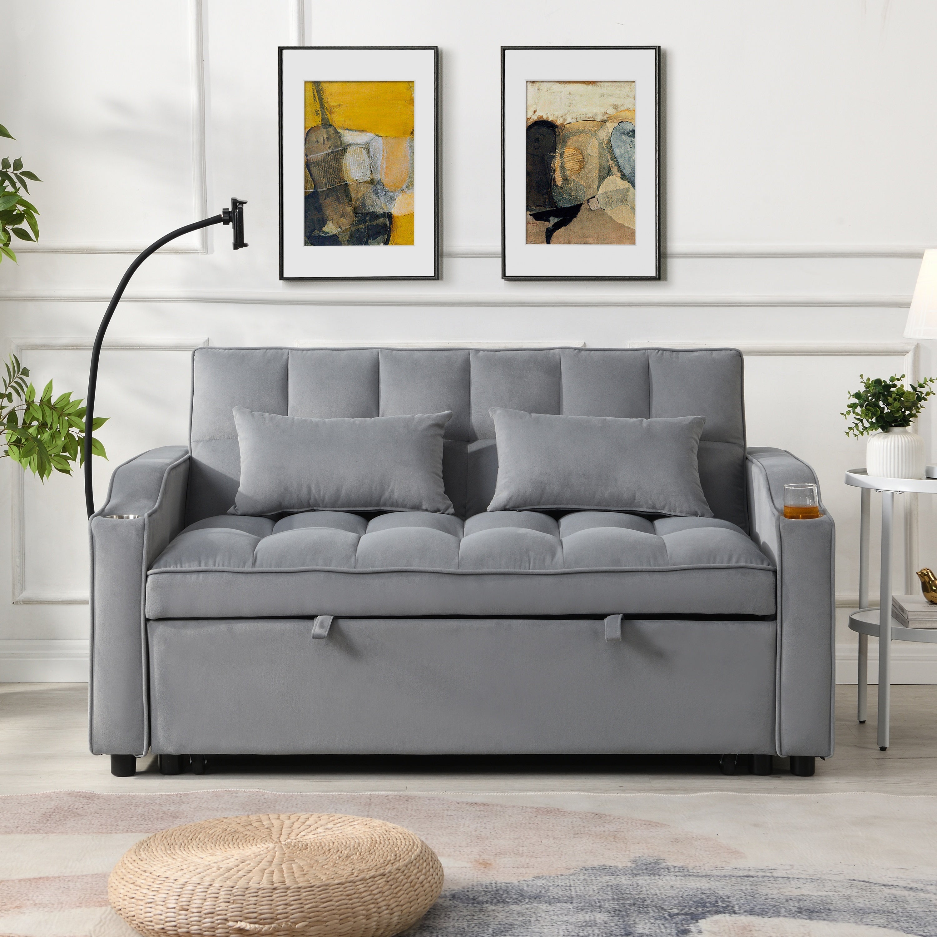 Modern Velvet Loveseat Futon Sofa Couch with Pullout Bed, Adjustable Backrest, Toss Pillows, Light Gray - Grand Goldman Shop
