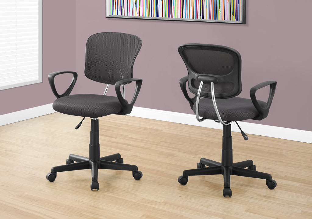 Office Chair, Adjustable Height, Swivel, Ergonomic, Armrests, Computer Desk, Work, Juvenile, Grey Mesh, Black Metal, Contempo