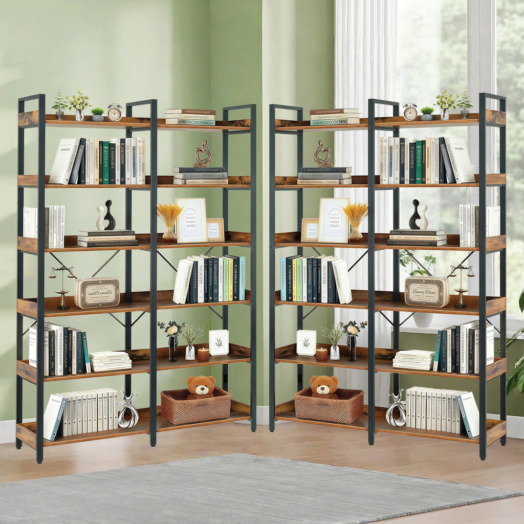 6-Tier Industrial Bookshelf, 67' Wooden Bookshelf with Open Shelves, Freestanding Metal Frame Bookcase for Storage and Display, Modern Book Shelves for Bedroom, Living Room and Home Office, Brown - Grand Goldman Shop