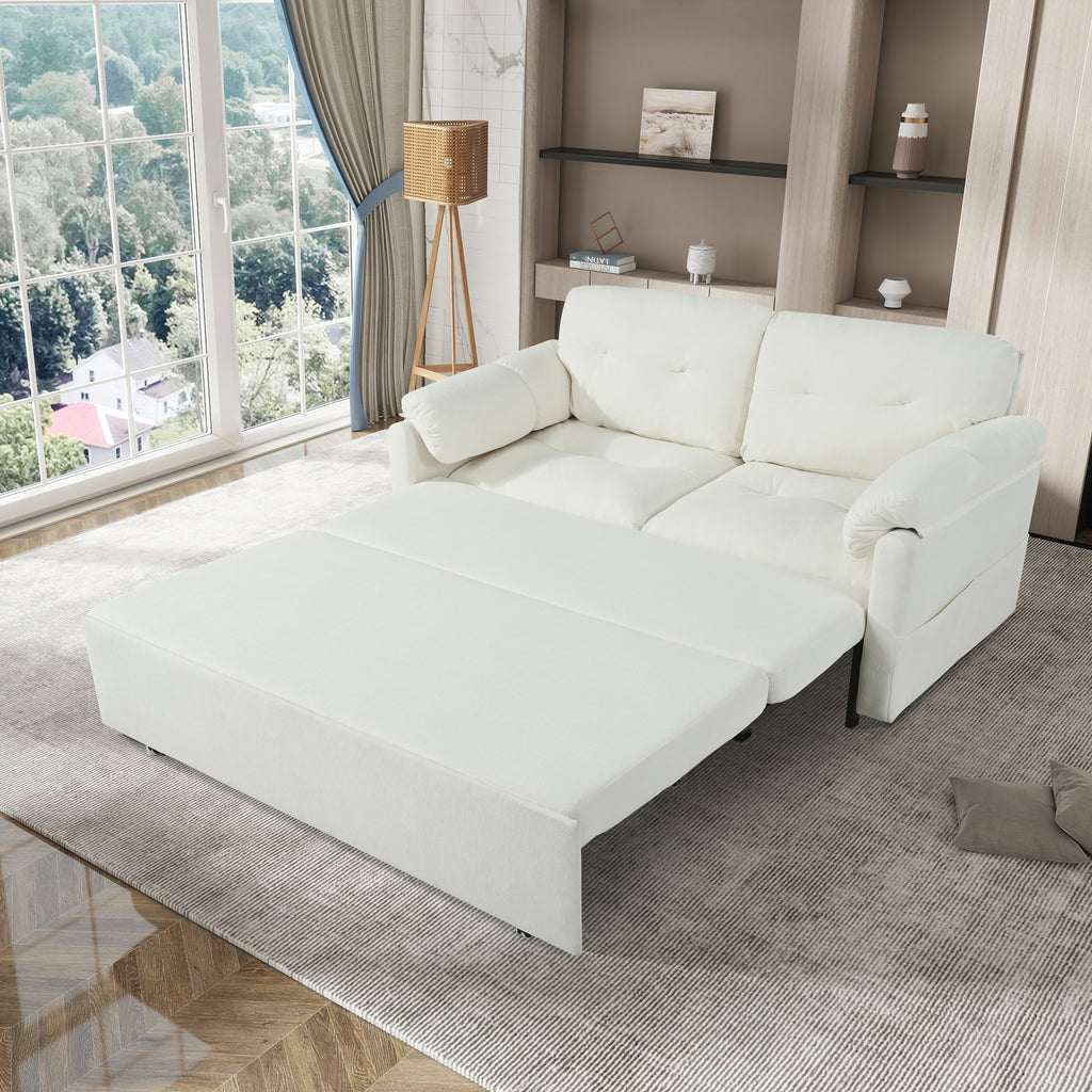 Convertible Pull-Out Queen Sleeper Sofa, 3-in-1 Loveseat with Side Storage & 8 Silent Casters, Beige Chenille Fabric, Fits Living Room, Bedroom, Apartment - Grand Goldman Shop