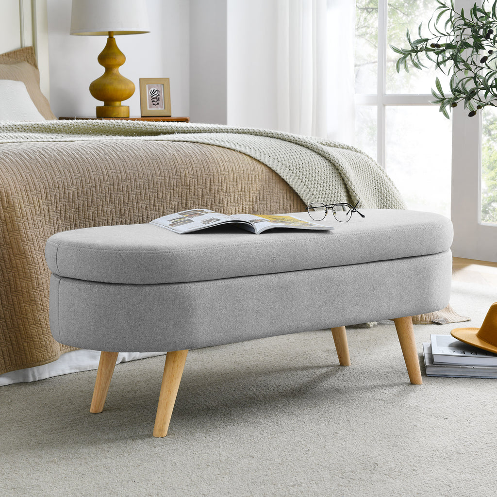 Ottoman Oval Storage Bench with Rubber Wood Legs, Grey Linen, 43.5'x16'x16' - Grand Goldman Shop