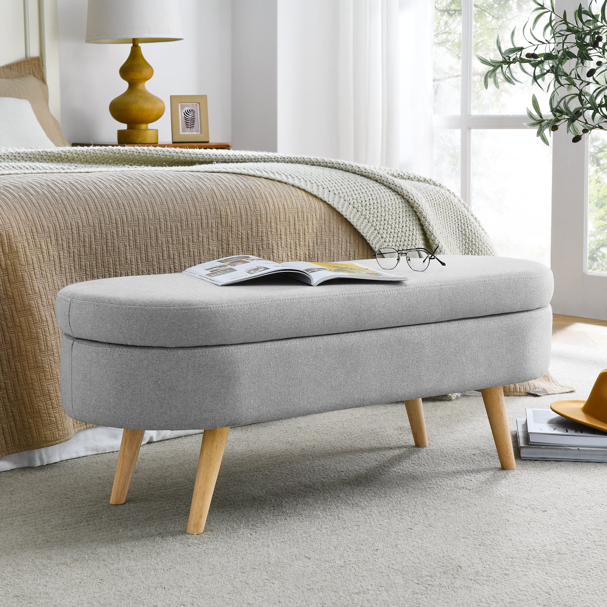 Ottoman Oval Storage Bench with Rubber Wood Legs, Grey Linen, 43.5'x16'x16' - Grand Goldman Shop