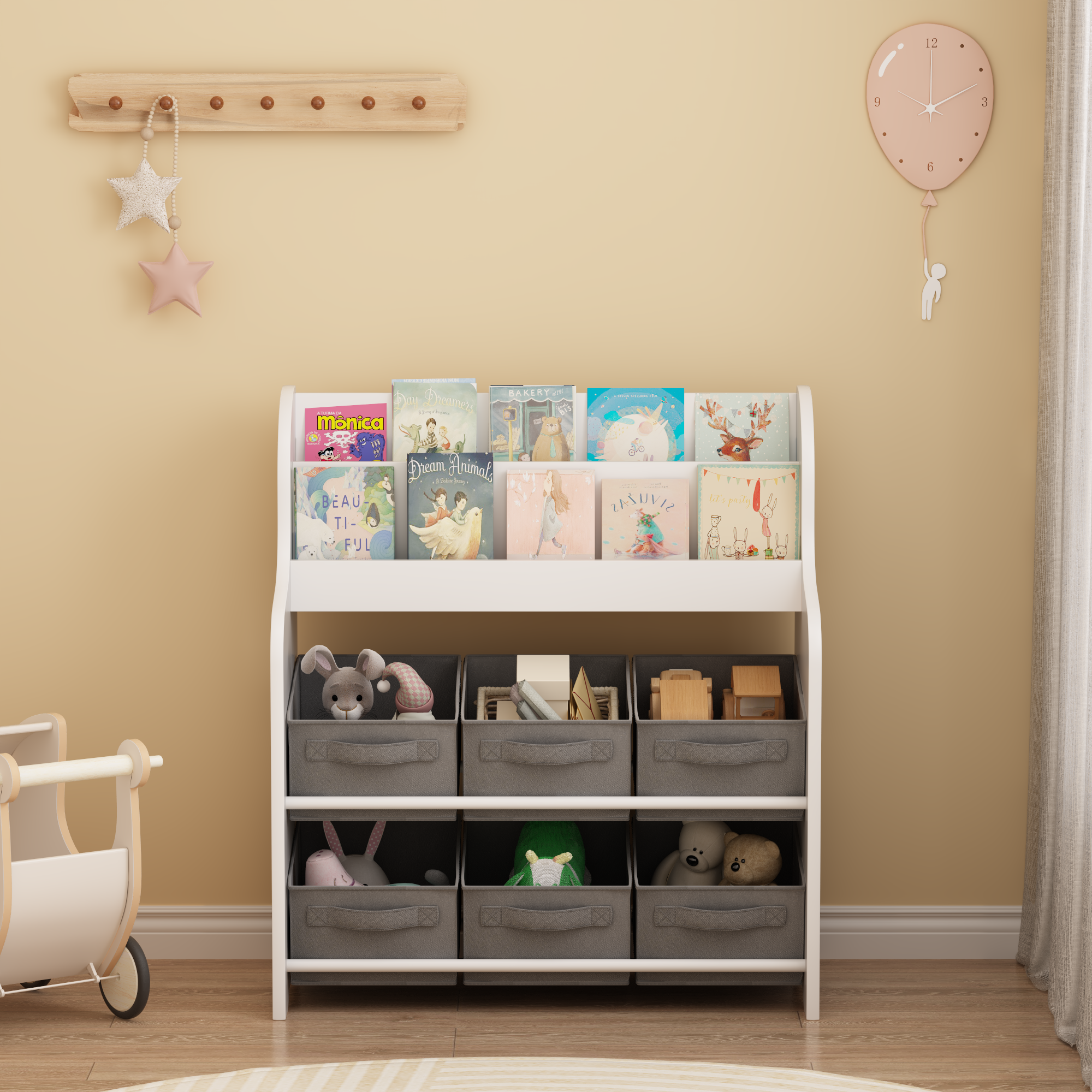 Kids Bookshelf with 6 Fabric Storage Bins, Multi-Functional Children's Bookcase and Toy Organizer, Front-Facing Display Shelf