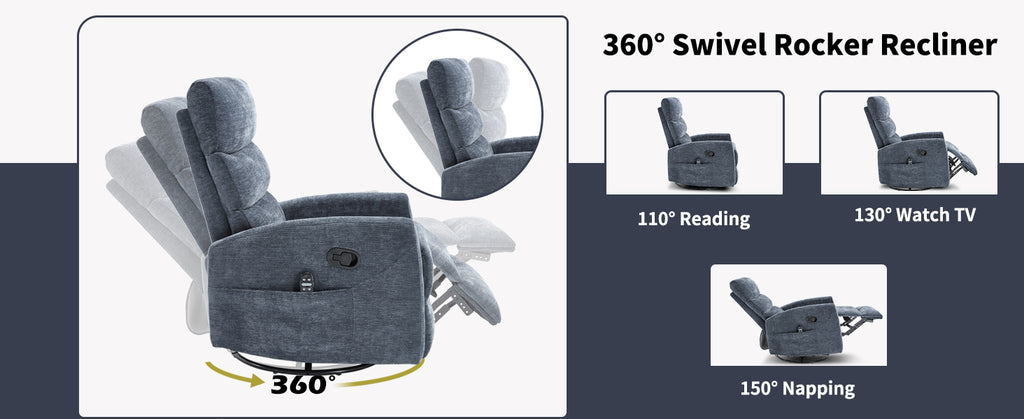 Heat Massage Manual Recliner Chair with Rocker and Swivel in Fabric for Living Room, Blue - Grand Goldman Shop