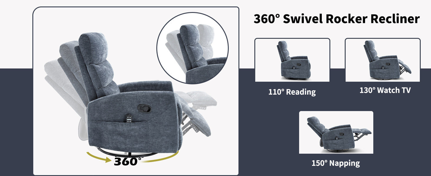 Heat Massage Manual Recliner Chair with Rocker and Swivel in Fabric for Living Room, Blue - Grand Goldman Shop