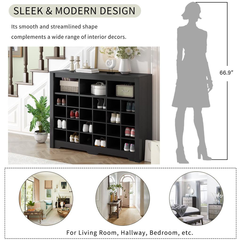 ON-TREND Sleek Design 24 Shoe Cubby Console, Modern Shoe Cabinet with Curved Base, Versatile Sideboard with High-quality for Hallway, Bedroom, Living Room, Black - Grand Goldman Shop