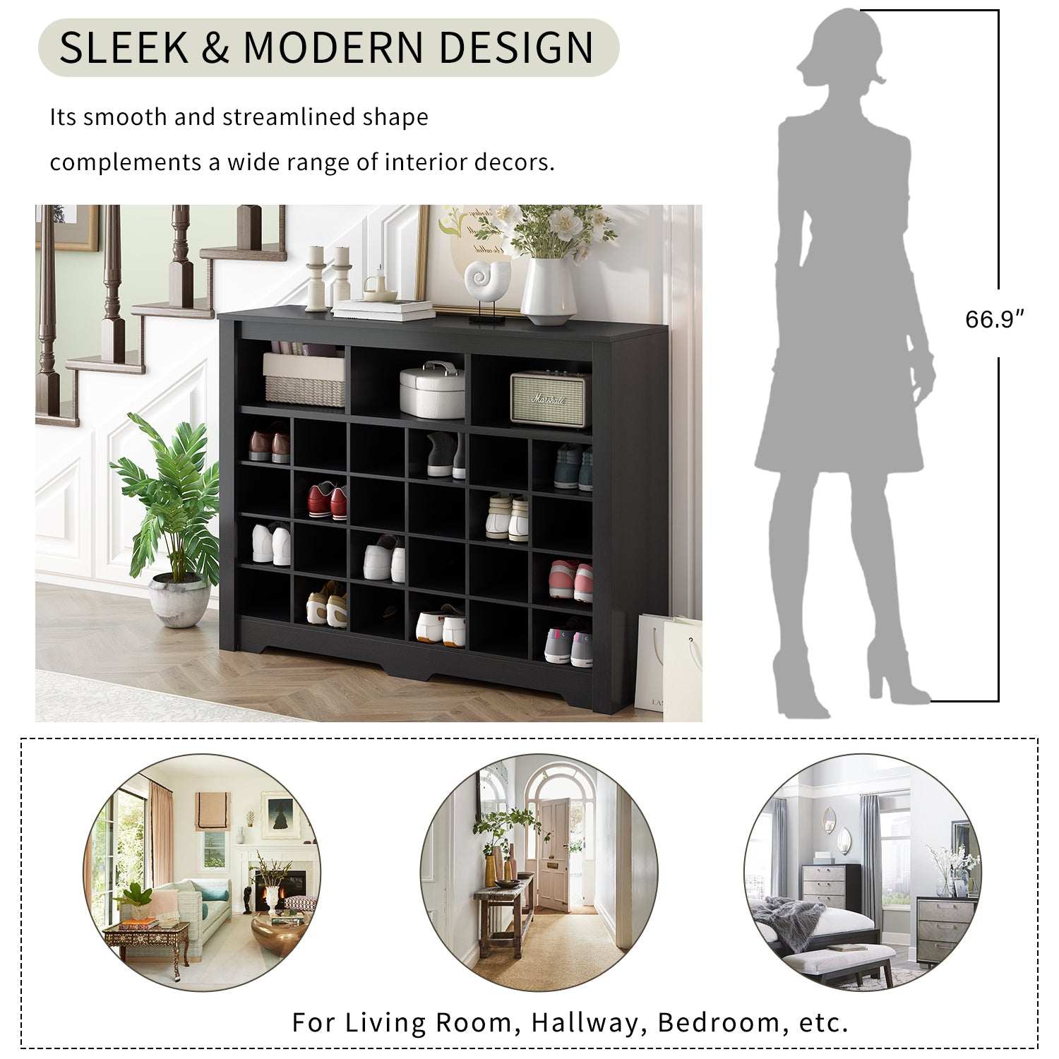 ON-TREND Sleek Design 24 Shoe Cubby Console, Modern Shoe Cabinet with Curved Base, Versatile Sideboard with High-quality for Hallway, Bedroom, Living Room, Black - Grand Goldman Shop