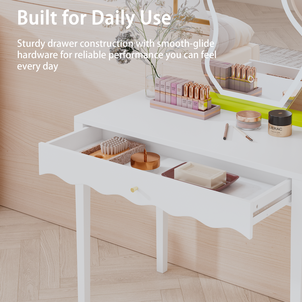 White 35.43' Vanity Desk with Drawer – Modern Makeup Table with Scalloped Front & Gold Knob, Compact Writing Desk with 4 Sturdy Legs for Bedroom, Small Home Office & Apartment Spaces - Grand Goldman Shop