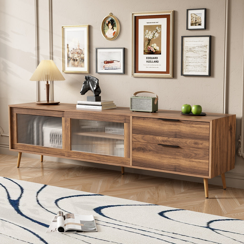 Modern Walnut TV Stand for 75+ TV, 70' Media Console with 2 Glass Doors, 2 Drawers & Storage Cabinet, MDF and Solid Wood Construction - Grand Goldman Shop