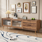 Modern Walnut TV Stand for 75+ TV, 70' Media Console with 2 Glass Doors, 2 Drawers & Storage Cabinet, MDF and Solid Wood Construction - Grand Goldman Shop