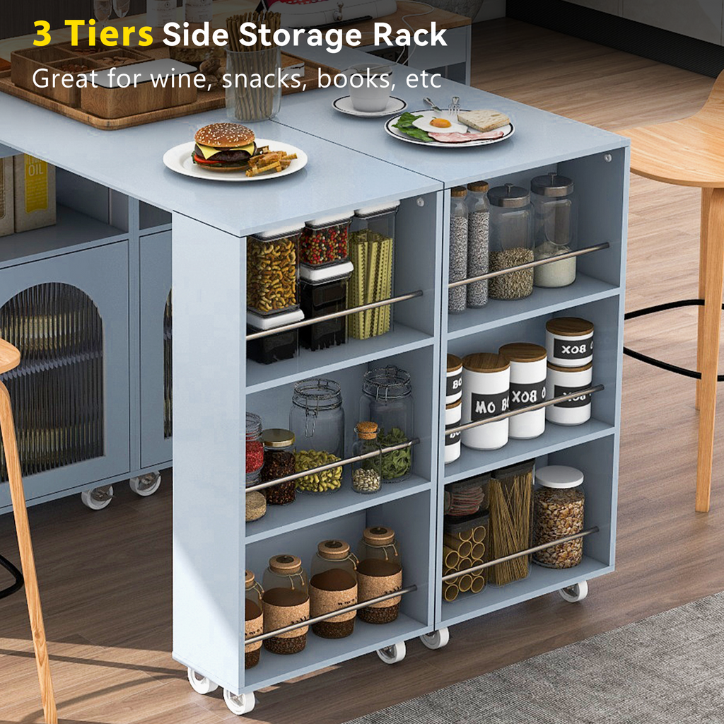K&K Rolling Kitchen Island With Extended Table, Kitchen Island on Wheels with LED Lights,Power Outlets and 2 Fluted Glass Doors, Kitchen Island with a Storage Compartment and Side 3 Open Shelves, Grey - Grand Goldman Shop