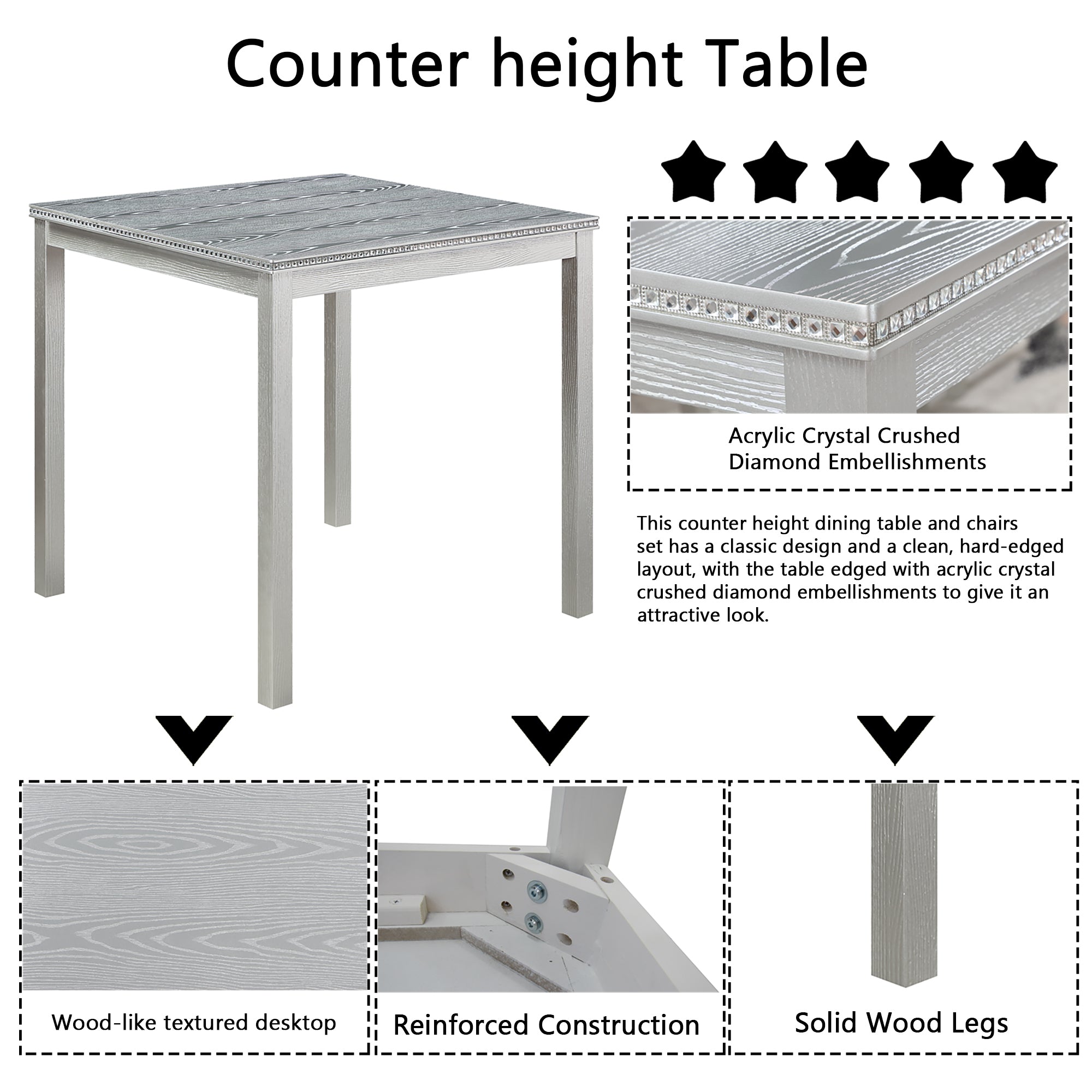 5 Piece Counter Height Table Set, Wooden Kitchen Table Set with Square Table and 4 Upholstered Chairs, Counter Height Dining Table with Crystal Decoration and Chair Set, Silver Grey - Grand Goldman Shop