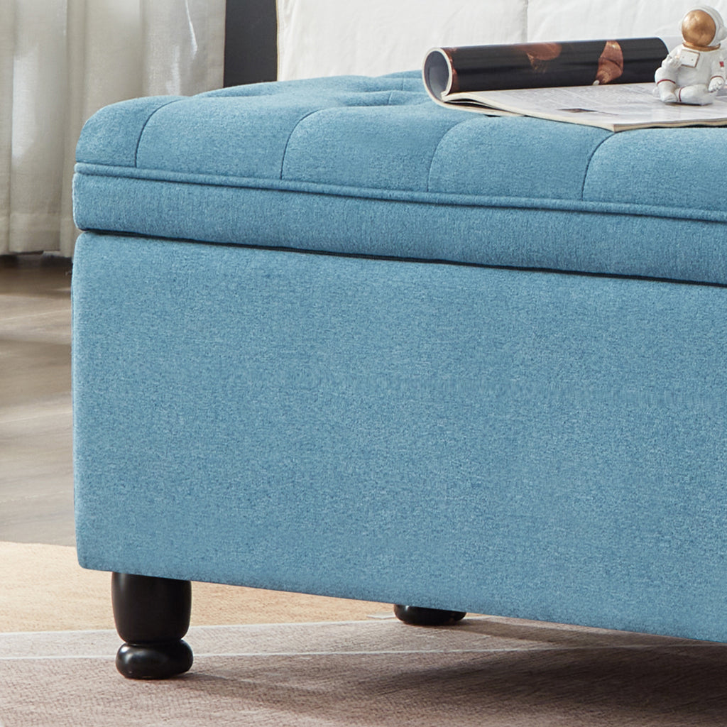 Upholstered tufted button storage bench ,Linen fabric entry bench with spindle wooden legs, Bed bench- Light Blue - Grand Goldman Shop