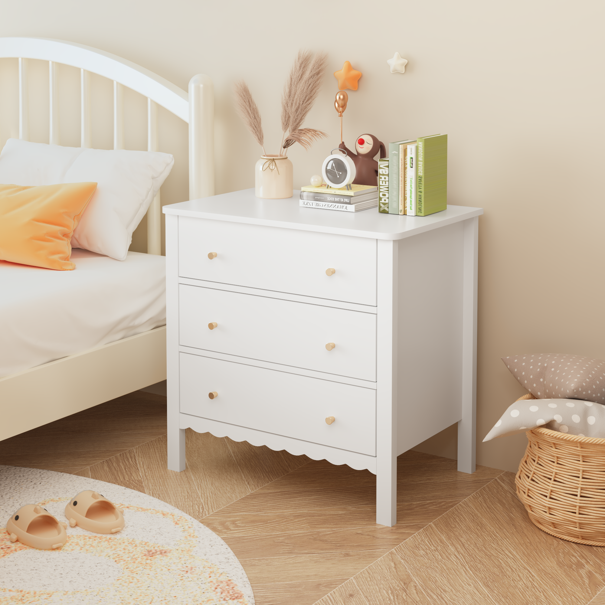 White 3 Drawer Dresser for Bedroom, Modern MDF Painted Chest of Drawers with Gold Knobs, Wooden Storage Cabinet for Kids, Nur