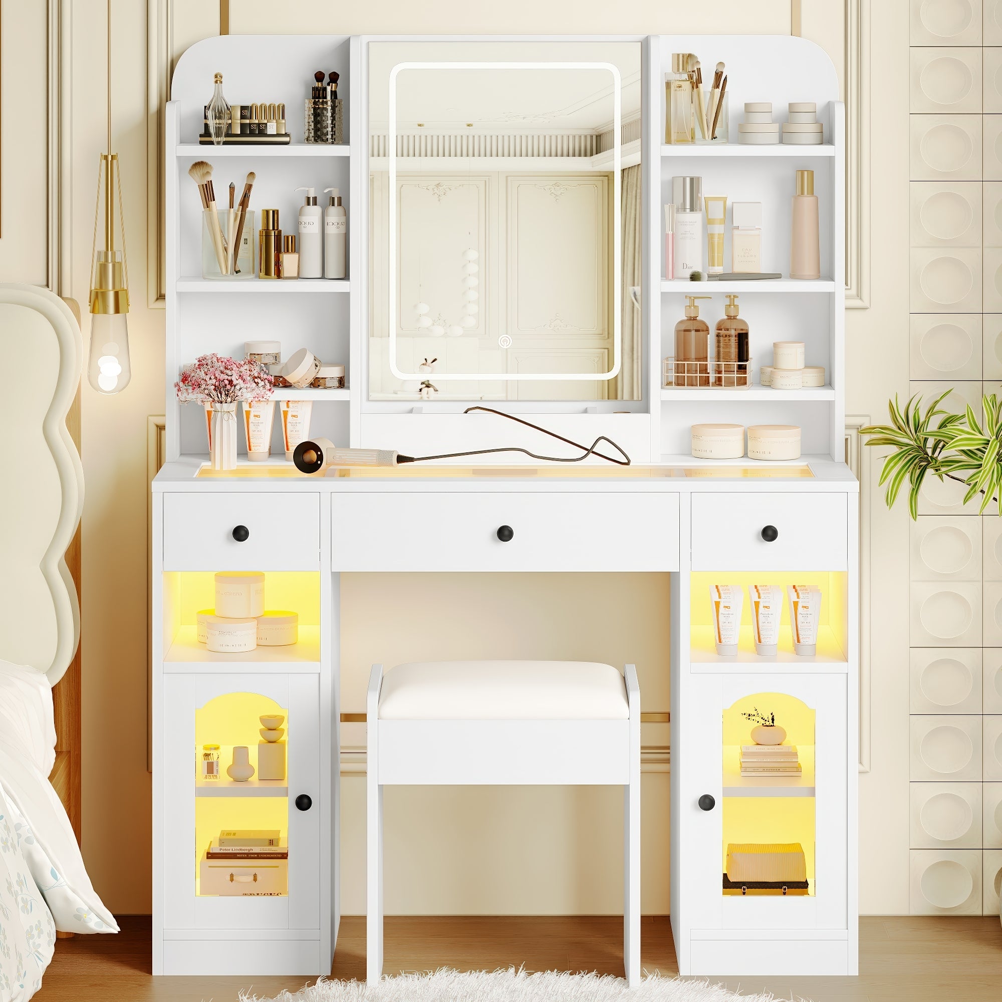 43.2' Vanity Desk with LED Mirror and Lights, Glass Top Vanity with RGB Glass Light Cabinets, Dressing Table with 3 Drawers ,Storage Shelves and Stool for Bedroom, White - Grand Goldman Shop