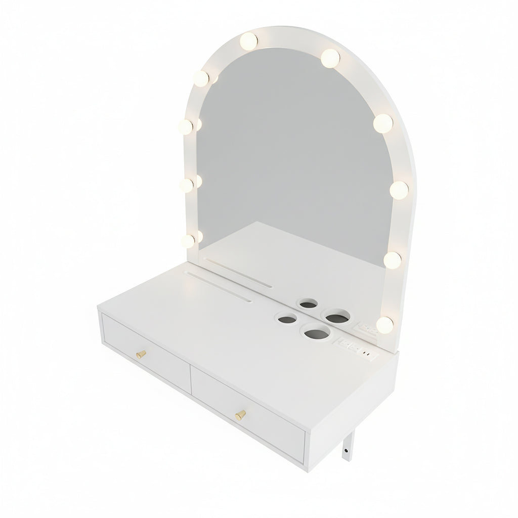 Floating Makeup Vanity Desk with Mirror & 3-Color Lights, Wall Dressing Table with Power Outlet, Compact vanity, Large Storage, White - Grand Goldman Shop