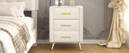 Upholstered Wooden Nightstand with 3 Drawers and Metal Legs&Handles, Bedside Table with Marbling Stickers Worktop - Beige - Grand Goldman Shop
