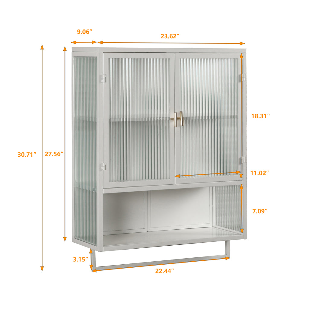 23.62'Glass Doors Modern Two-door Wall Cabinet with Featuring Two-tier Enclosed Storage, an Open Shelf, and Towel Rack, for Entryway Living Room Bathroom Dining Room - Grand Goldman Shop