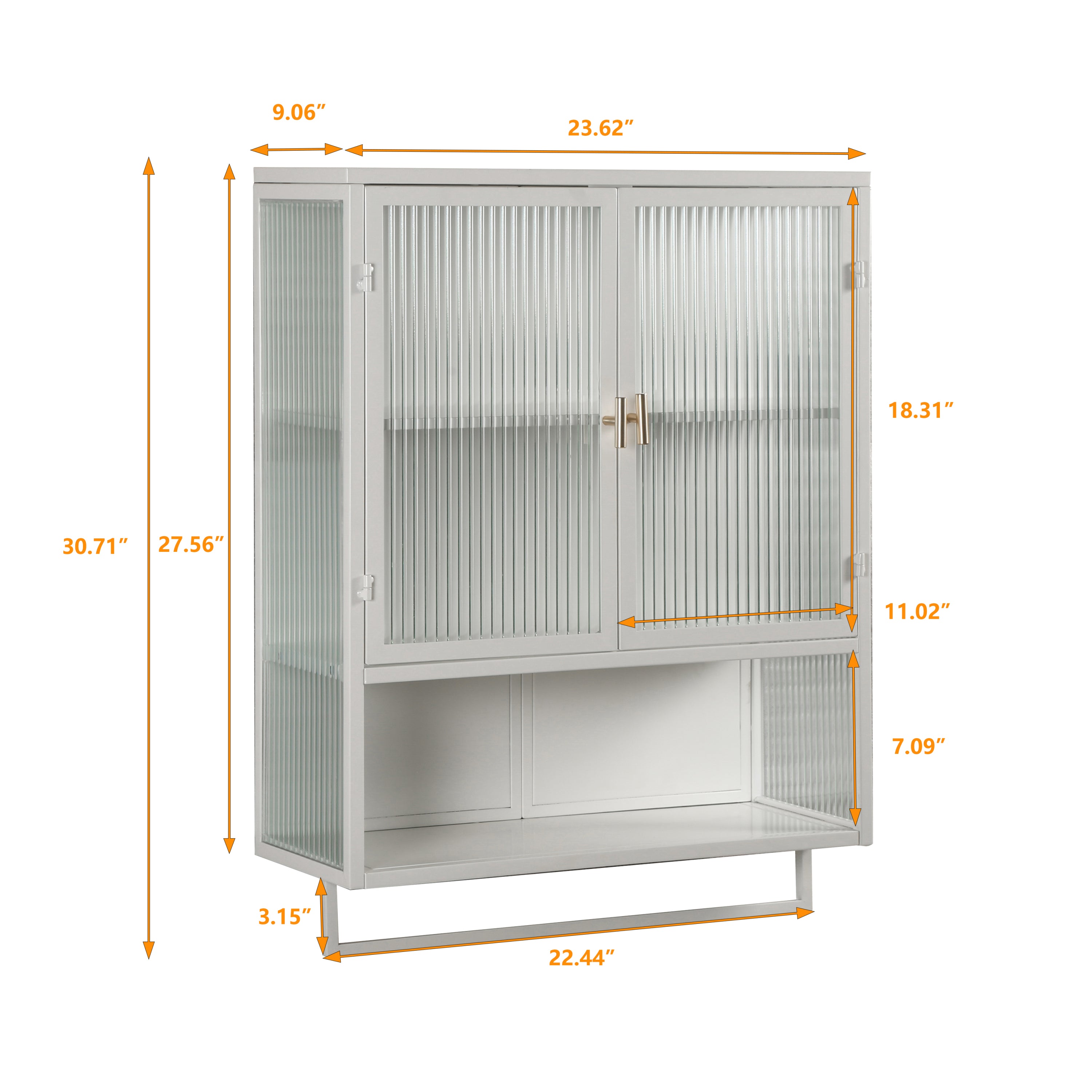 23.62'Glass Doors Modern Two-door Wall Cabinet with Featuring Two-tier Enclosed Storage, an Open Shelf, and Towel Rack, for Entryway Living Room Bathroom Dining Room - Grand Goldman Shop