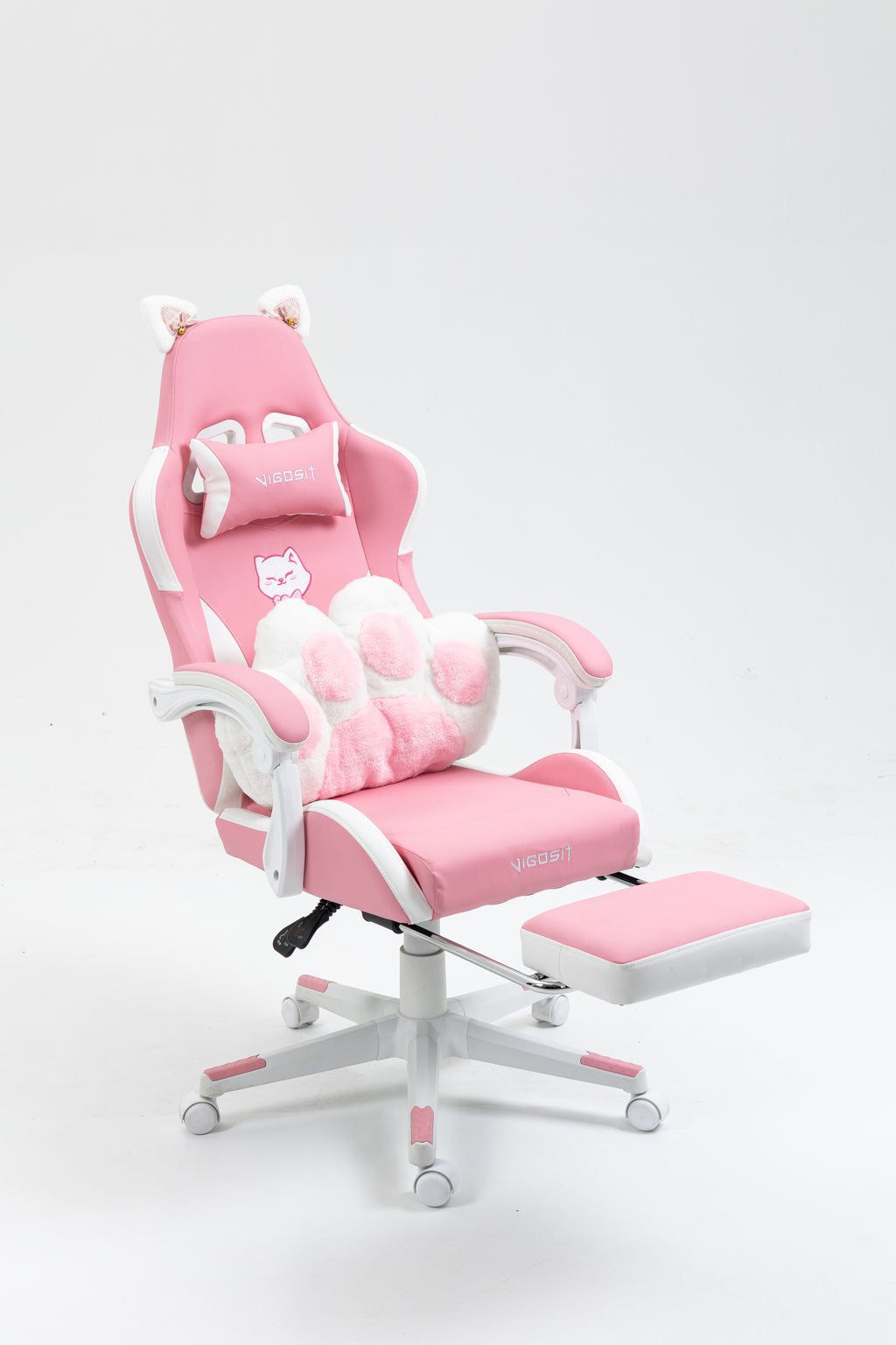 Cat Ears Pink Gaming Chair - Pink PU Leather Ergonomic Reclining Office Chair with Footrest, 310lb Capacity, 6-Position Recli