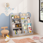 Kids Bookshelf and Toy Storage Organizer, 4-Tier Wooden Bookcase with Display Stand in Gray MDF for Nursery, Playroom, or Chi
