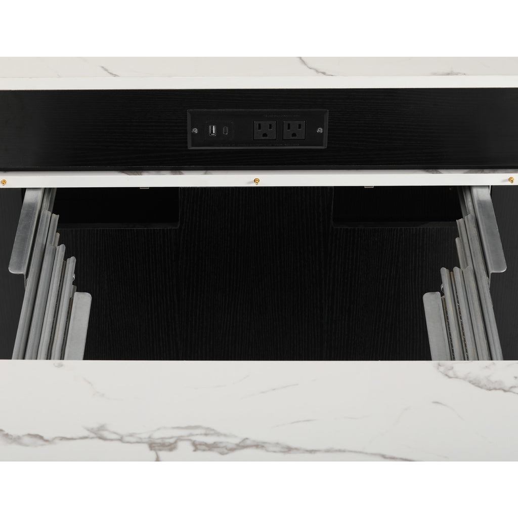 K&K 59.5' Kitchen Island with Extendable Dining Table, Kitchen Storage Table with Double-sided Storage, Kitchen Island with 2 Drawers, Power Outlet, Side Open Shelves, for Kitchen, Dining Room, Black - Grand Goldman Shop