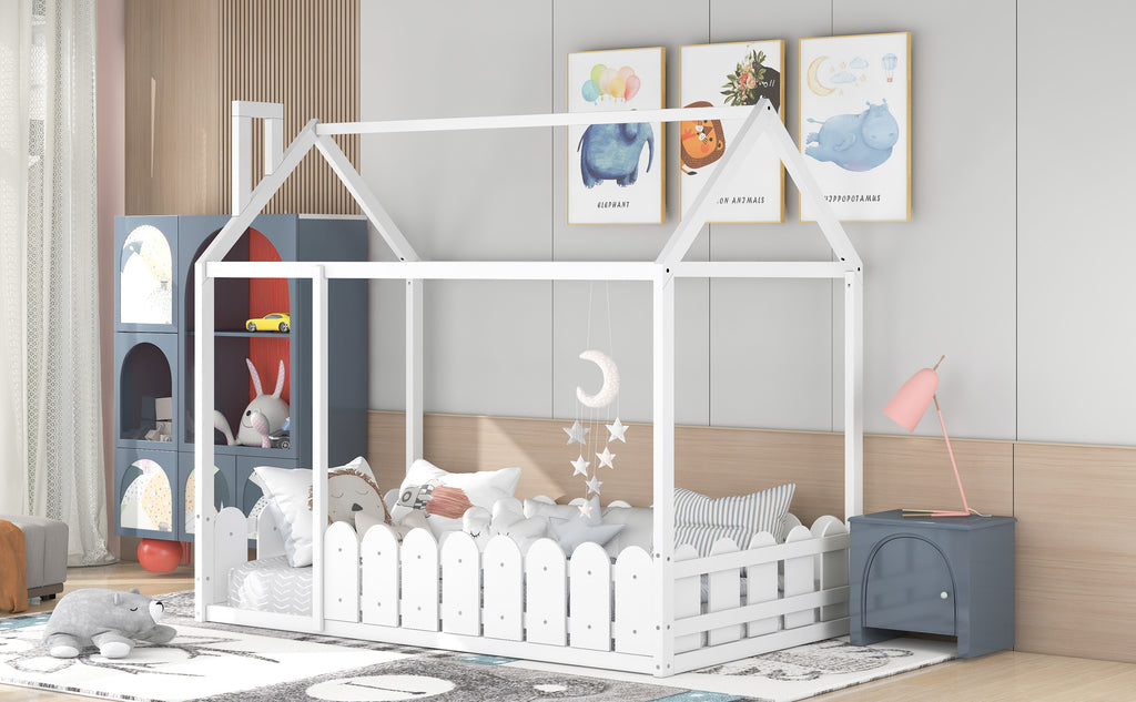 {Slats are not included}Twin Size Wood Bed House Bed Frame with Fence,for Kids,Teens, Girls,Boys {White}{OLD SKU:WF194274AAK} - Grand Goldman Shop