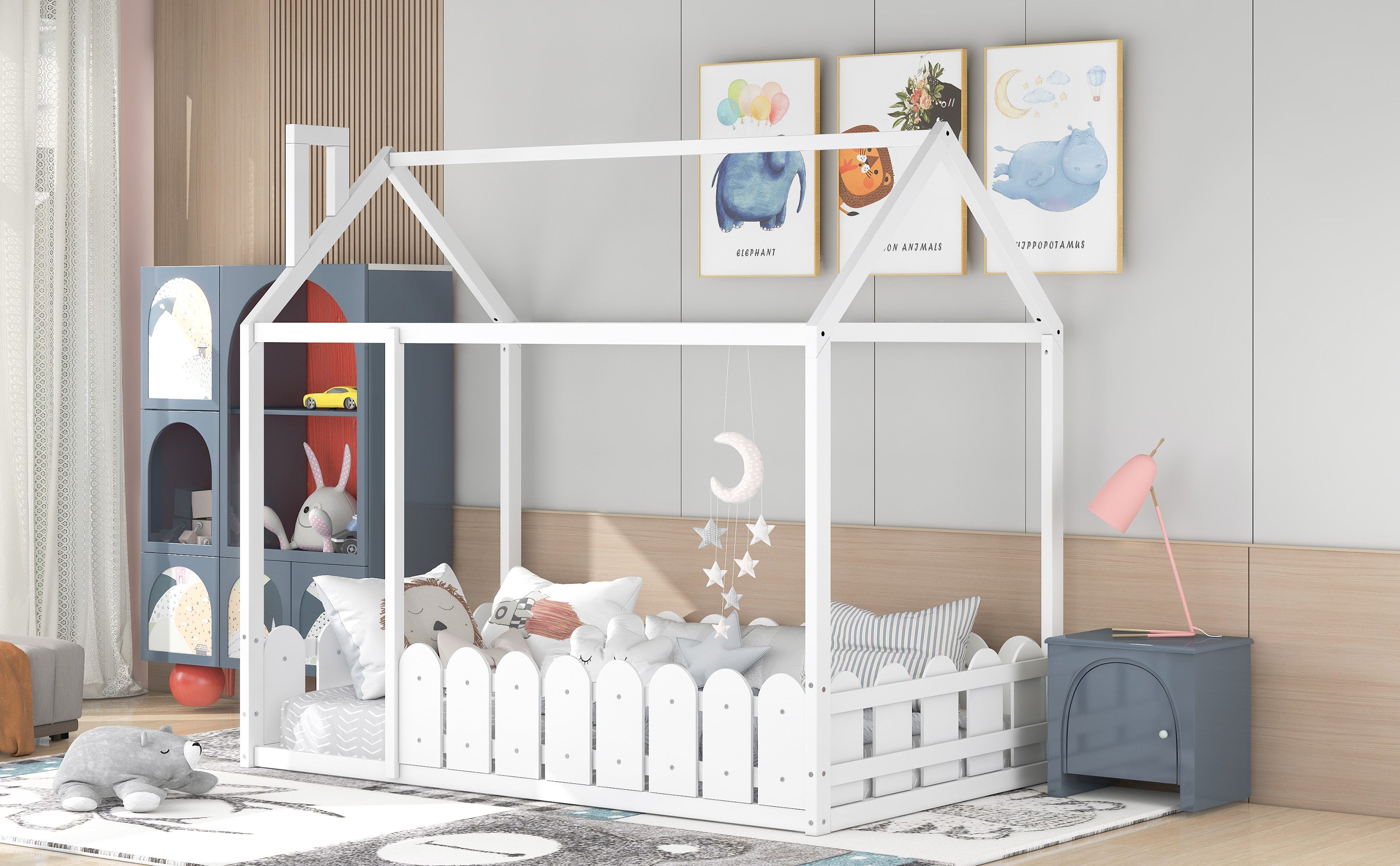 {Slats are not included}Twin Size Wood Bed House Bed Frame with Fence,for Kids,Teens, Girls,Boys {White}{OLD SKU:WF194274AAK} - Grand Goldman Shop