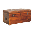 Solid Wood Buffalo Leather Upholstered Hide Chestnut Storage Trunk, Tan & Brown - Grand Goldman Shop