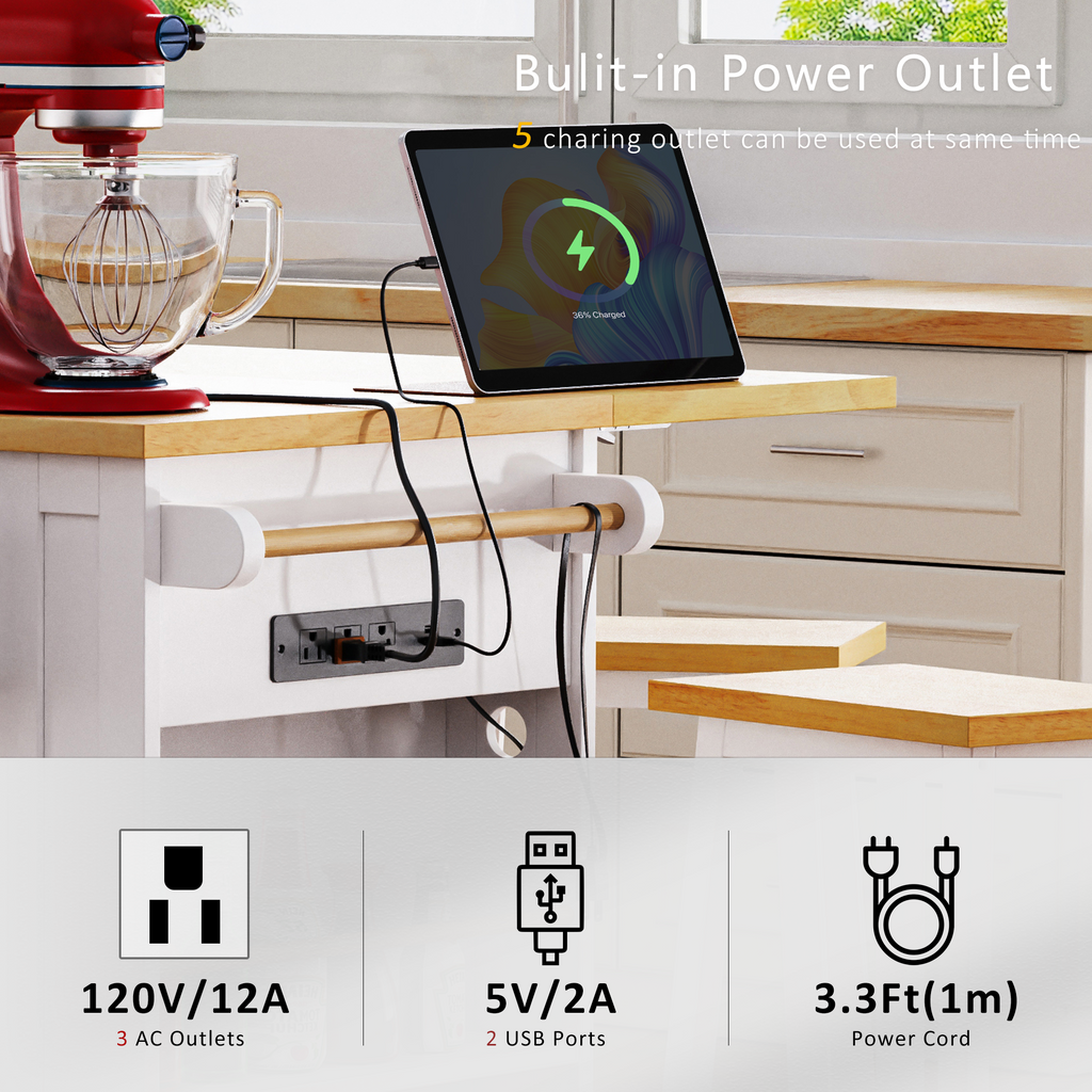 K&K 53inch Large Kitchen Island with Drop Leaf,Power Outlet,Door Internal Storage Rack,Rolling Kitchen Cart on 5 Wheels with 5 Open Side Racks for Kitchen,White (Two Packages)(Stools not included) - Grand Goldman Shop