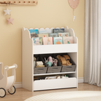 Kids Bookshelf with Storage Bins and Drawer, Multi-Functional Wooden Book Organizer for Toddlers, White Bookcase for Toys, Bo