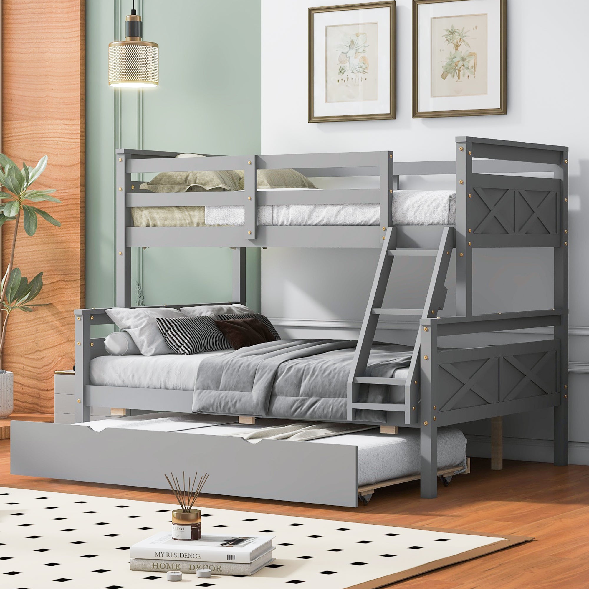 Gray Twin Over Full Bunk Bed with Ladder and Twin Trundle, Pine Wood Frame, 79.3''L x 57.1''W x 61.3''H - Grand Goldman Shop