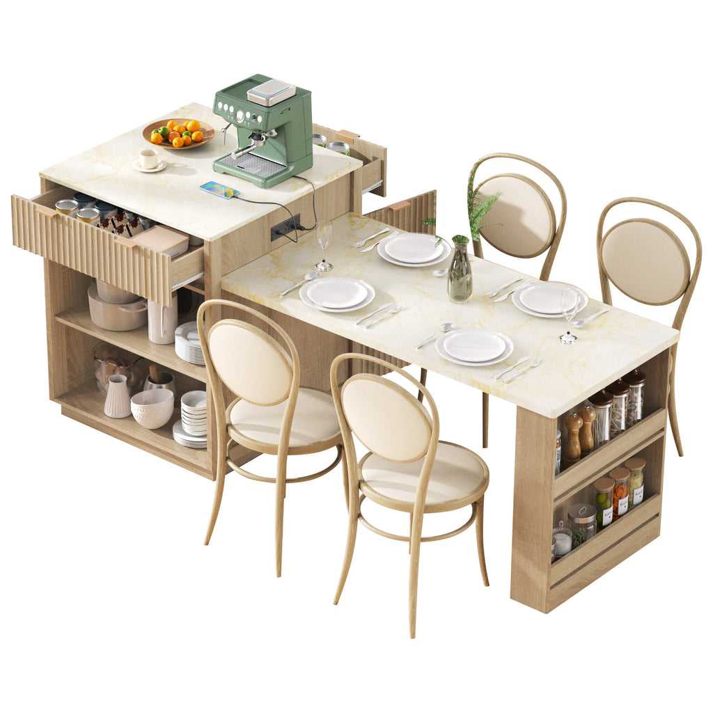 K&K 82.6' Fluted Kitchen Island with Extendable Dining Table for 4-6, Island Table for Kitchen with Power Outlet, Kitchen Table with Double-Side Storage, 2 Drawers 2 Side Open Shelves, Natural - Grand Goldman Shop