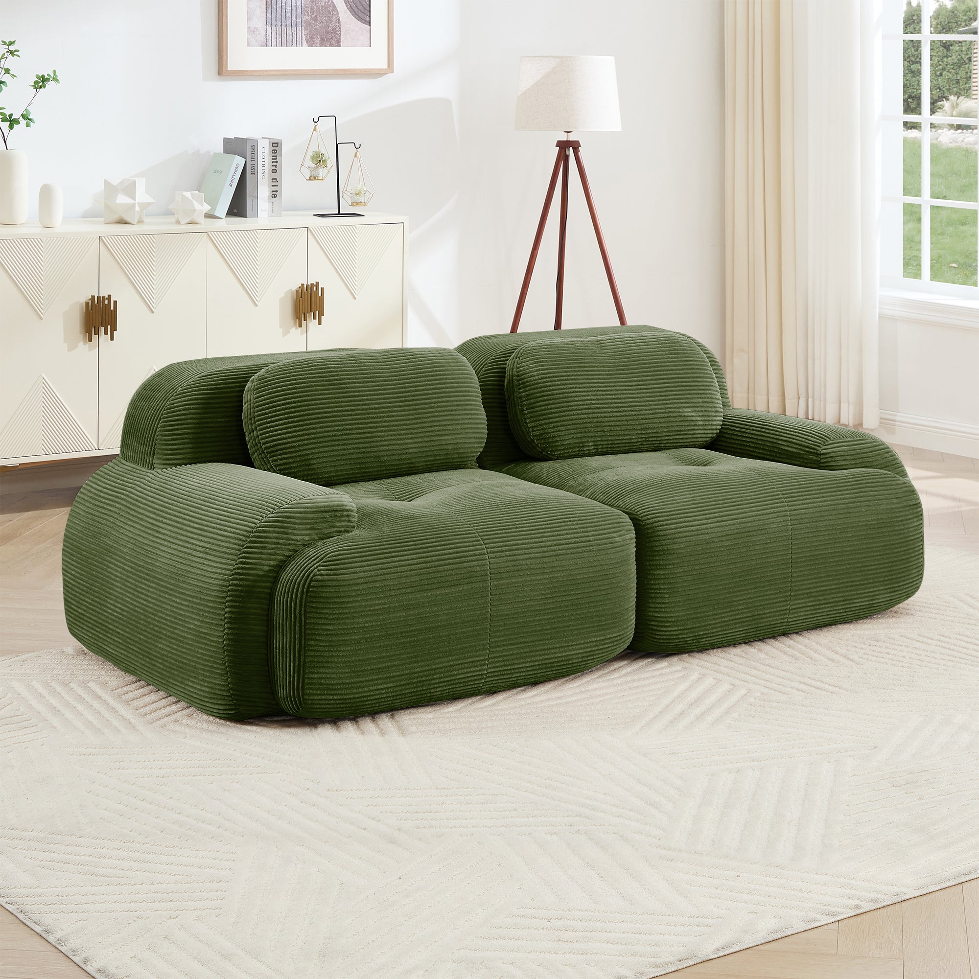 82'' loveseat sofa in luxuryCorduroy Fabric modular for free combo separation curved armrests ,anti-slip design high-resilience sponge fits living rooms bedrooms Audiovisual Room,Olive green - Grand Goldman Shop