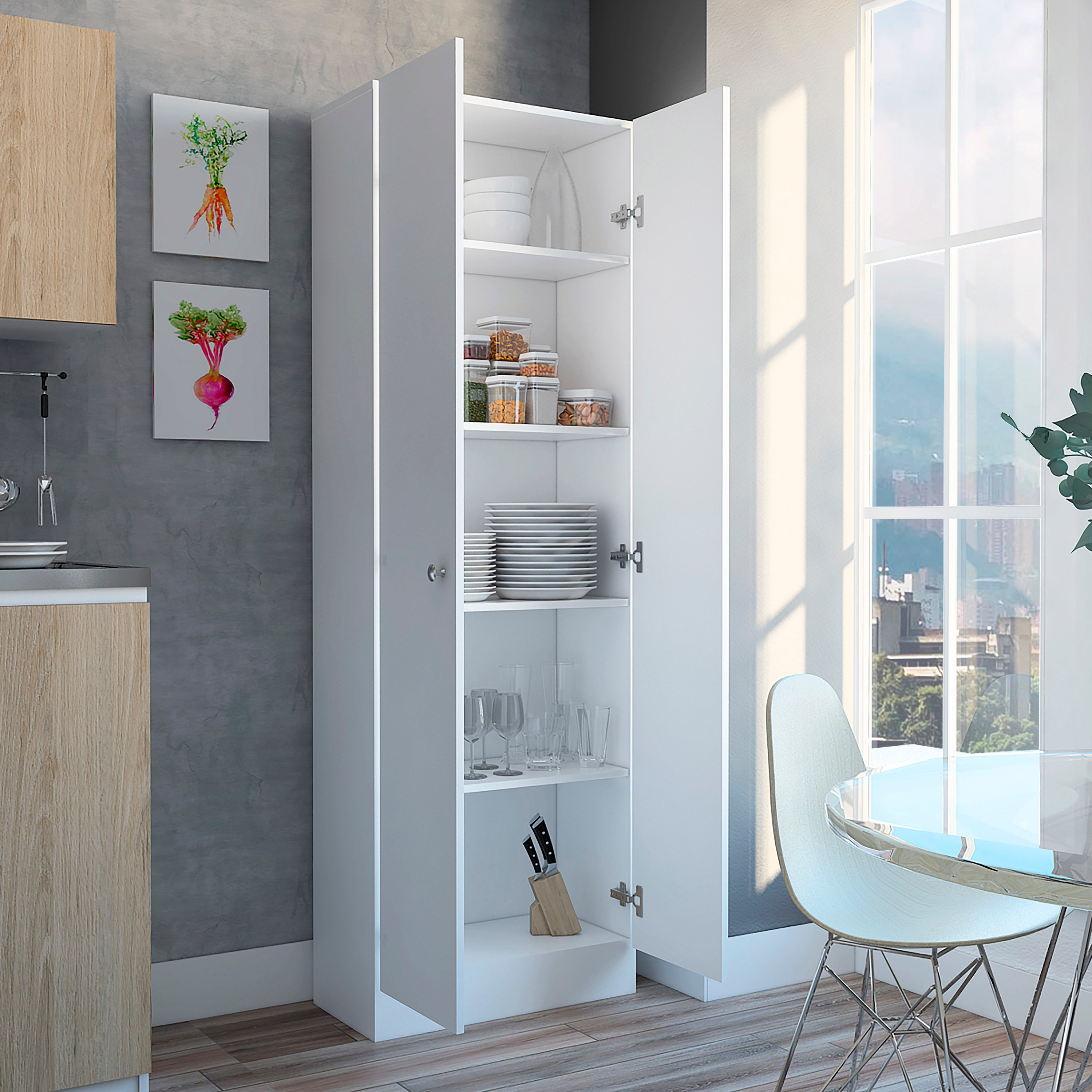 Multistorage Pantry Cabinet, Five Shelves, Double Door Cabinet -White | Premium Home Decor - Grand Goldman