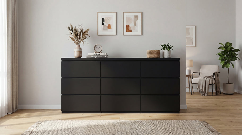9 Drawer Dresser with No Handle Design, Modern Black Matte Wood Dresser for Bedroom, Storage Chest of Drawers for Living Room, Hallway, Entryway - Grand Goldman Shop