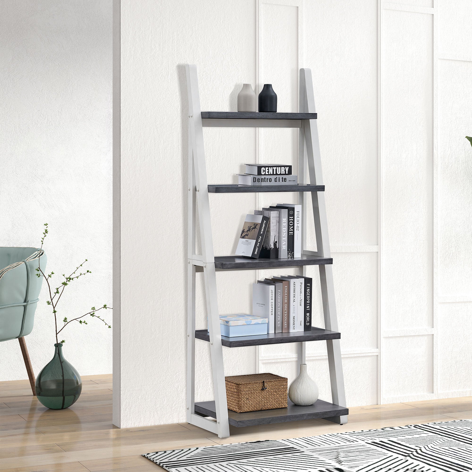 5-Tier Shelves,Bookshelf, Storage Rack, Bookcase with Rubber Wood Frame, Ladder Shelf for Living Room, Home Office, Kitchen, 