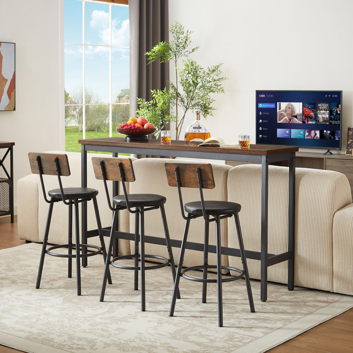 Long Bar Table Set with 3 PU Upholstered Bar Stools, Industrial Bar Table and Chairs for Kitchen Breakfast Table, Living Room, Banquet Hall, Rustic Brown and Black, 63″L x15.7'W x 37.5'H - Grand Goldman Shop