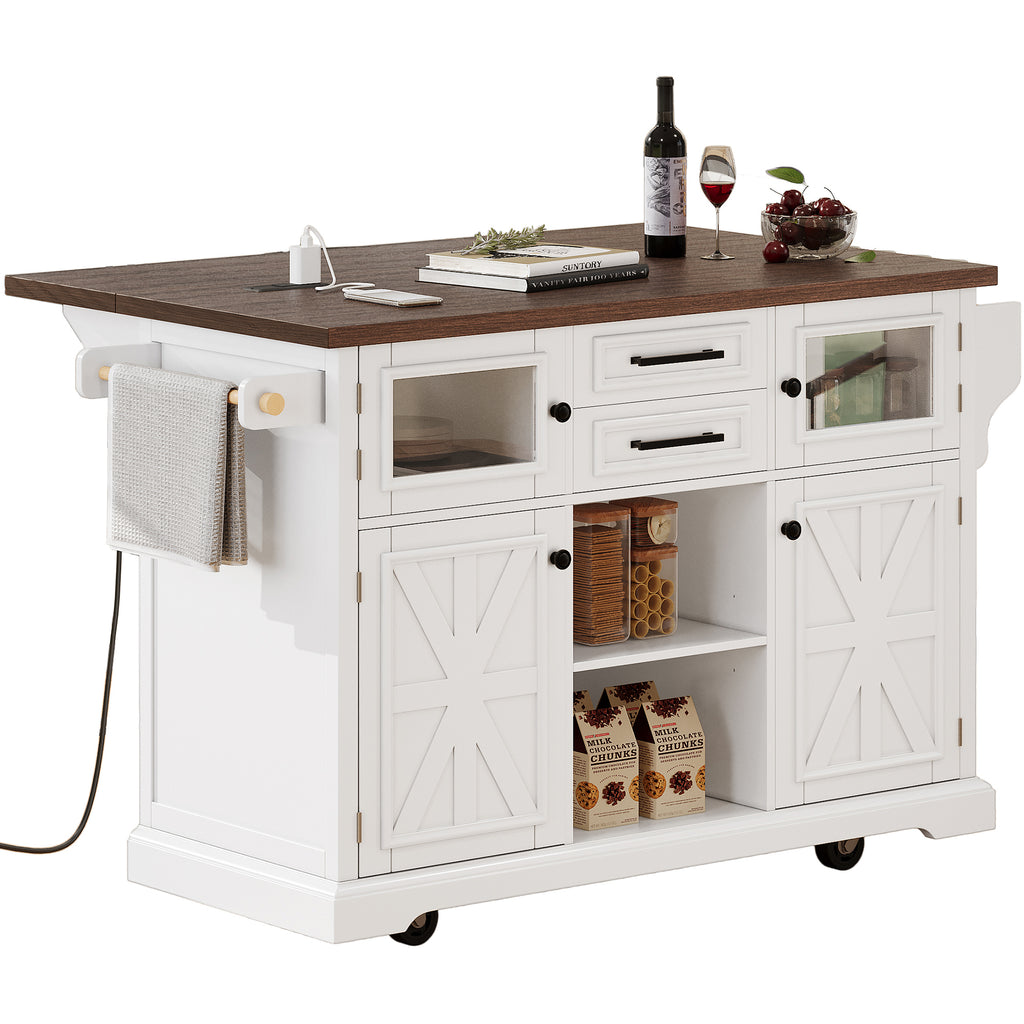 K&K 54.9' Kitchen Island with Drop Leaf, Power Outlet, Kitchen Storage Cart with 4 Door Shelves, Cross Barn Doors & Visual Glass Door, Rolling Kitchen Island on 4 Wheels for Kitchen, Dining Room,White - Grand Goldman Shop