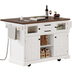 K&K 54.9' Kitchen Island with Drop Leaf, Power Outlet, Kitchen Storage Cart with 4 Door Shelves, Cross Barn Doors & Visual Glass Door, Rolling Kitchen Island on 4 Wheels for Kitchen, Dining Room,White - Grand Goldman Shop