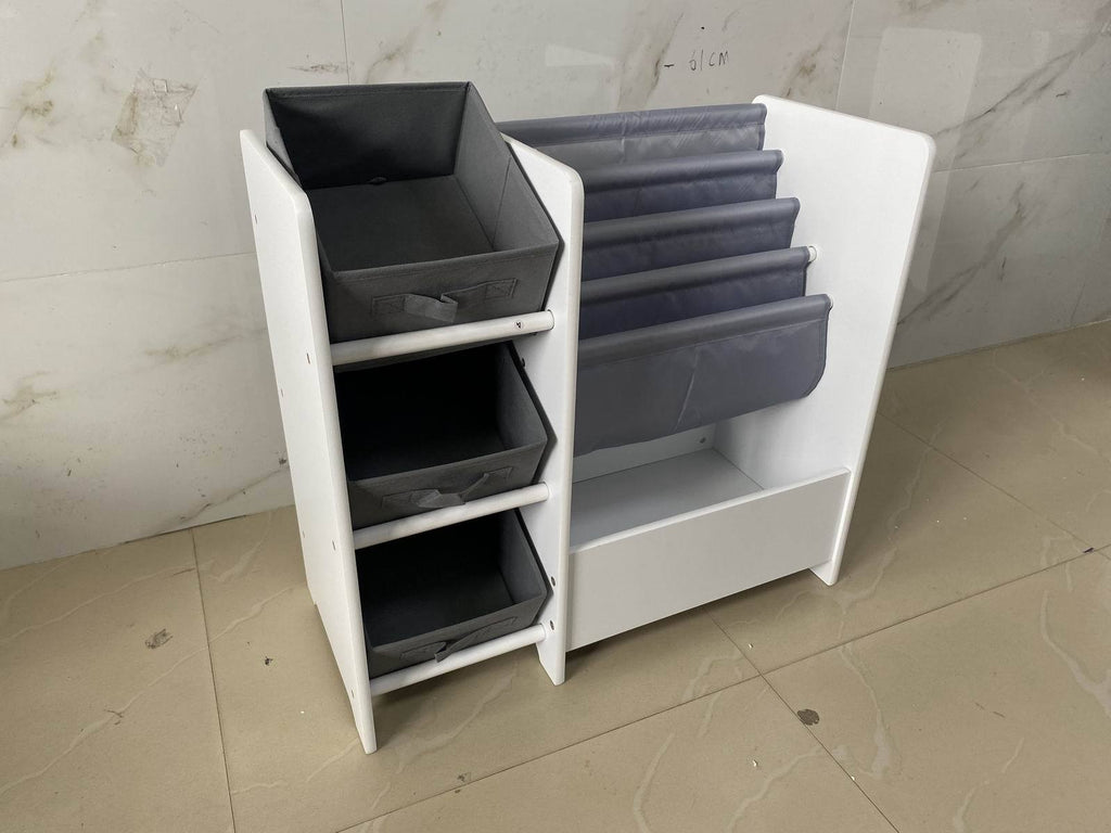 Kids Bookshelf and Toy Storage Organizer, Multifunctional 4-Tier White MDF Bookshelf with 3 Collapsible Fabric Drawers for Nu