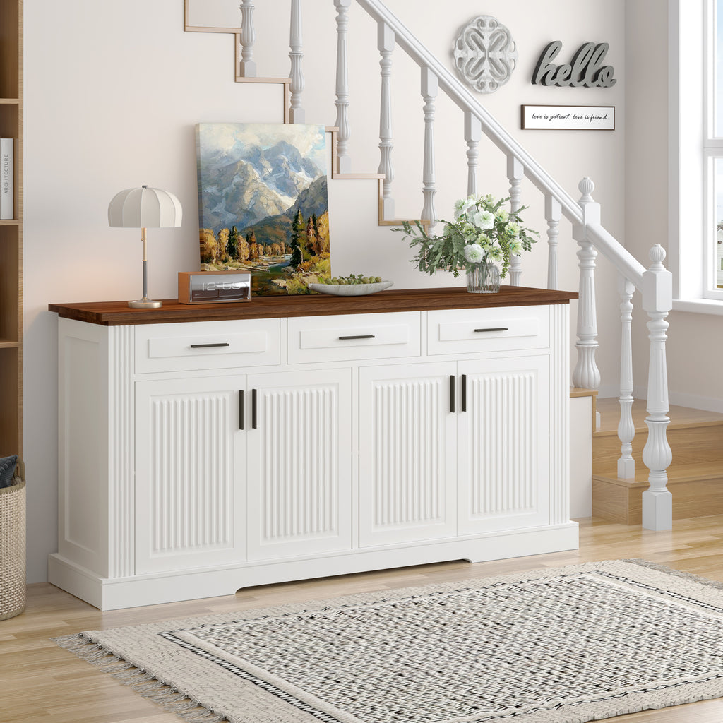 Modern Fluted Sideboard Buffet Cabinet with 4 Doors 3 Drawers, White MDF Storage Console Table for Living Room Dining Room Entryway, 63.11' L x 15.75' W x 32' H - Grand Goldman Shop