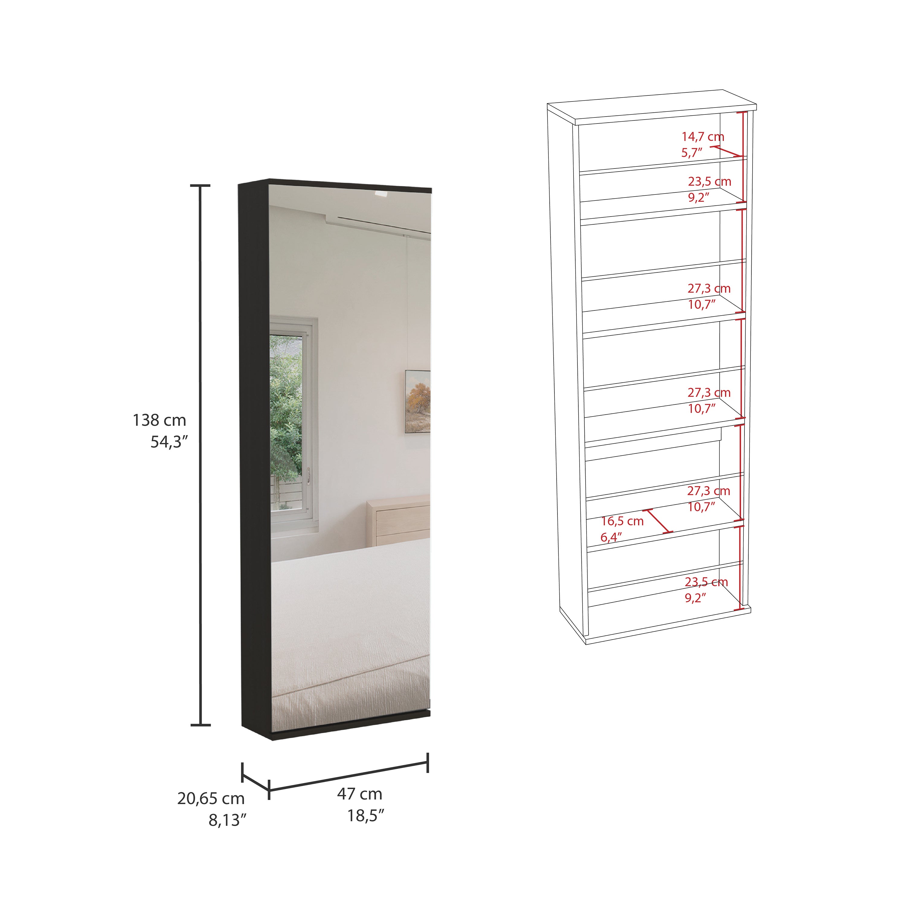 Leto Wall Mounted Shoe Rack With Mirror, Single Door, Capacity For Ten Shoes -Black - Grand Goldman Shop